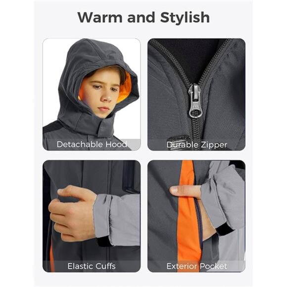 Boys' Waterproof Winter Ski Jacket Fleece-Lined Puffer Coat Insulated SnowJacket - Picture 5 of 6
